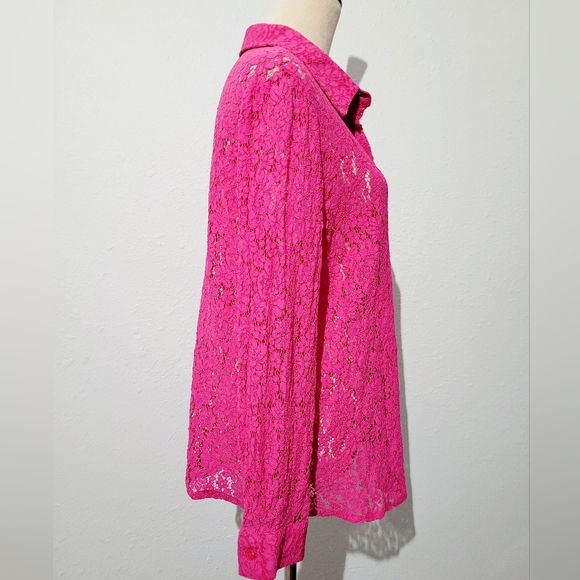 LIC Curvy Collection Hot Pink Lace Button Front Blouse Shirt PLUS XXL Stretch - Picture 6 of 13
